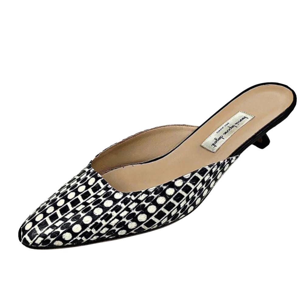 Henri Lepore Dezert Samanta Black White Leather Kitten Heel Mules Size 7…